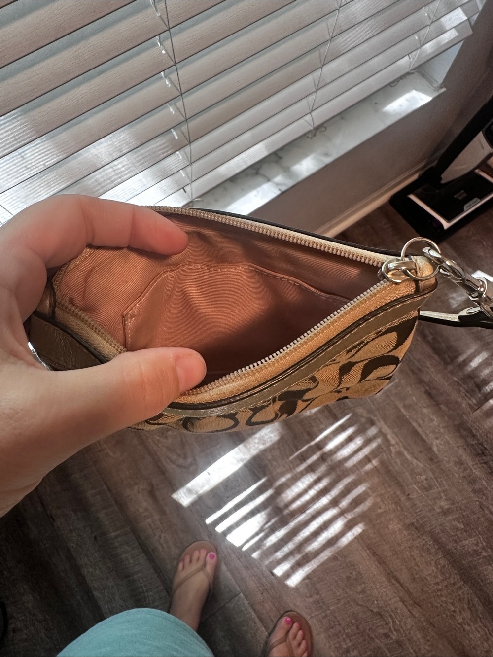 Coach Brown Signature Canvas Wristlet with Metallic Trim - Picture 3 of 4